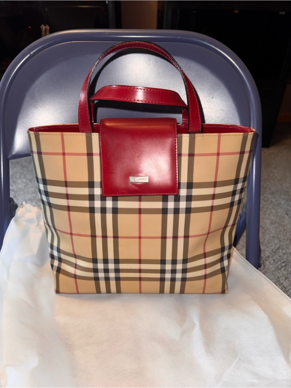 Burberry Checked Canvas Tote with Red Leather Trim